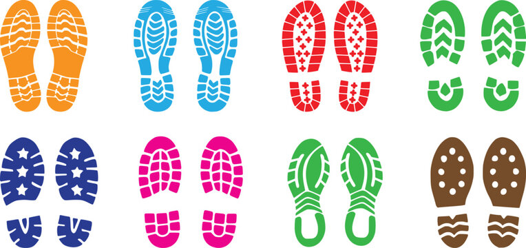A collection of colorful barefoot prints and dark shoe sole imprints showcasing various patterns and types of human locomotion traces on a white background.