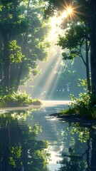 A scenic forest scene. The sun beams through the trees, illuminating a tranquil waterway, with verdant foliage and reflections