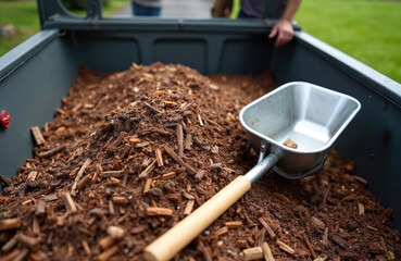 Man prepares bark mulch for garden beds. He loads wood chips into a trailer for weed prevention. Mulching improves soil health and moisture retention.