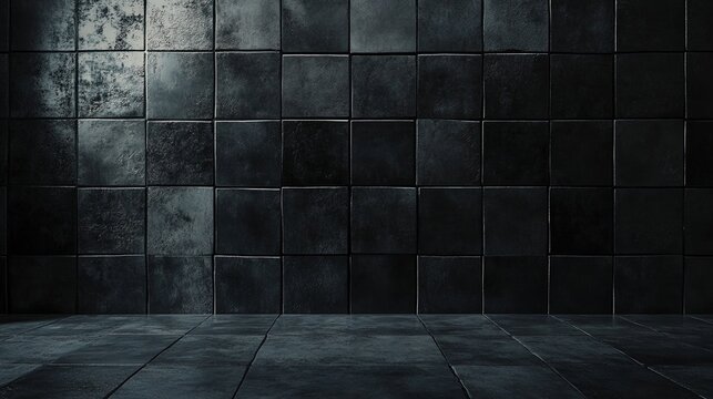 A moody, industrial background featuring a wall of matte black concrete square tiles, unevenly lit. Perfect for creating a modern, edgy, or minimalist atmosphere.