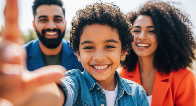 Joyful diverse family portrait: child taking a happy selfie - Powered by Adobe