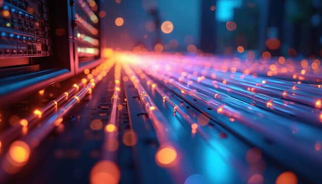 Fiber optic cables transmit streams of glowing data. Light pulses move at high speed through futuristic network grid to computer servers. Information transfer in modern datacenter for big data