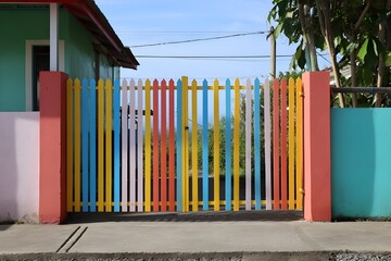 Obraz premium Colorful Painted Gate in Caribbean Style Tropical Property Entrance Vibrant Island Architecture Cultural Decorative Design