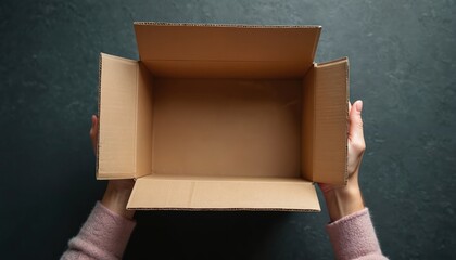 Hands hold open empty cardboard box from top view on dark textured background. Ready for packing contents or receiving items for delivery, storage, or moving.