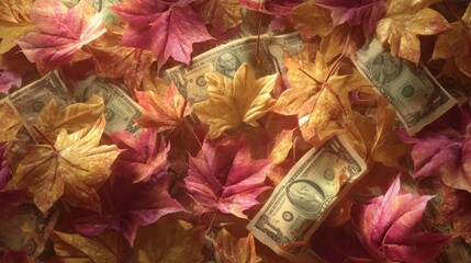 A fall landscape of vibrant leaves, gently layered with faint monetary motifs.