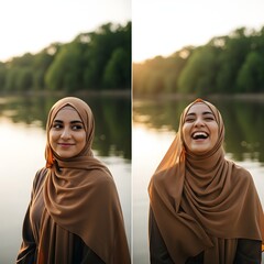 A young woman wearing a hijab is smiling and enjoying a peaceful moment outdoors near a calm lake during sunset