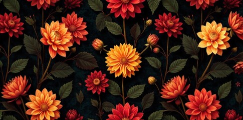 Seamless Dalia Floral Pattern on a Dark, Moody Background A rich and opulent seamless floral pattern of dahlia blooms and foliage in deep jewel tones, set against a dark, moody, textured background.