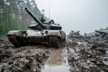 Military tanks navigate a muddy terrain on a overcast day, featuring several vehicles
