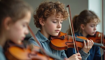 Children practice violin together in class. Young musicians learn musical skills for performance. Kids play instruments with focus and dedication. They improve their orchestral talent.