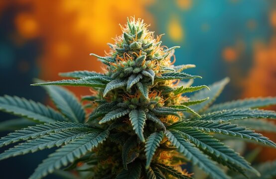 Close up on cannabis flower bud with pistils on colorful blur background. Weed plant with green leaves on cultivation. Medical herb or alternative medicine for relaxation concept.