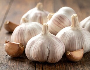 Garlic Bulbs and Cloves on Rustic Wooden Surface Close Up View