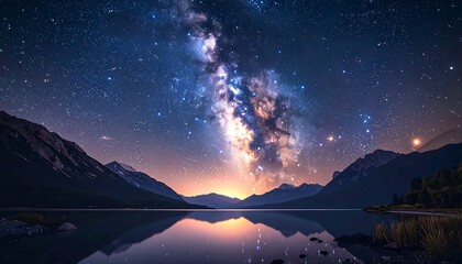 A scenic nightscape reveals a bright galactic core above a tranquil lake, framed by distant mountains under a starlit canvas