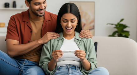 Happy Indian Couple Excited About Positive Pregnancy Test Result