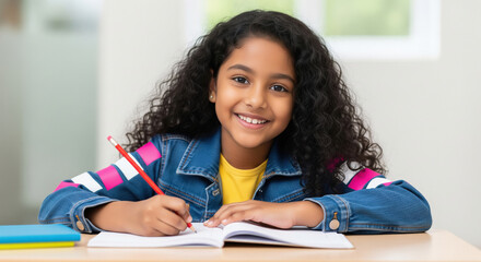 Happy young Indian girl focused on learning at desk.