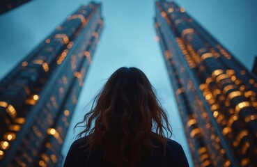 Woman stands in urban landscape looking up at illuminated skyscrapers. City lights glow at dusk creating sense of wonder, ambition. Modern architecture towers above against twilight sky, inspiring