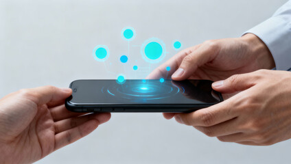 Ideal for technology concepts, data sharing, digital communication graphics. Clear blue transfer effects shown on smartphone being handed over.