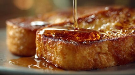 A plate of french toast with a drizzle of honey. Concept of warmth and comfort, as the honey adds a sweet and sticky element to the dish. The presentation of the food is inviting and appetizing