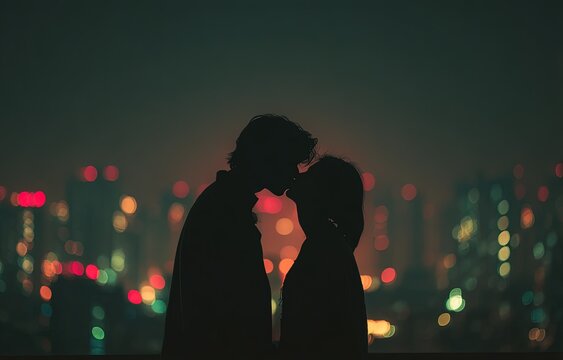Silhouette of a couple kissing, cityscape lights as a backdrop, creating romantic ambiance