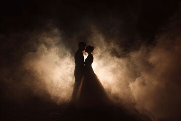 Romantic silhouette of embracing couple in wedding attire, surrounded by ethereal fog