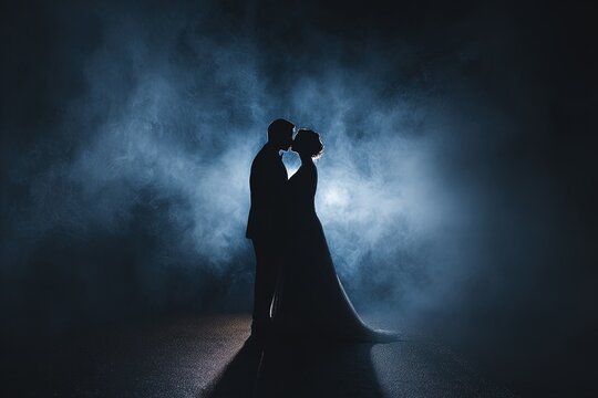 Silhouette of a couple kissing amidst thick, ethereal blue-tinted fog. Dramatic lighting