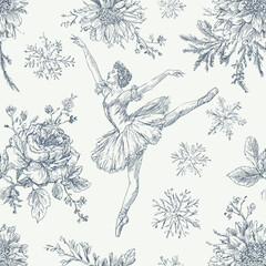 Vector Blue Toile Christmas Seamless Pattern 21 with Ballerina, Flowers and Snowflakes