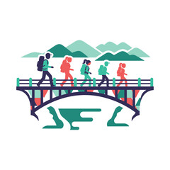 Naklejka premium Five people with backpacks walk across a bridge toward stylized mountains and trees.