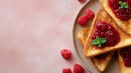 A plate of toast with raspberry jam and a few raspberries on the side. The plate is on a pink background