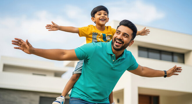 Happy Indian father son piggyback ride outdoor fun