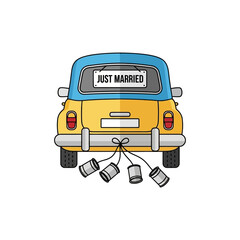 A yellow car with a "just married" sign and cans trailing behind.