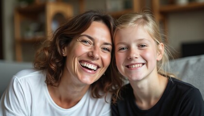 Satisfied mother and teen daughter smile widely looking at camera sitting on grey sofa in living room at home. Closeup portrait of two females sharing joy and connection.