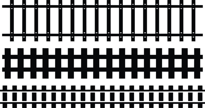 Illustration realistic train tracks with straight, curved sections. Features steel rails, concrete ties, fasteners. Offers top-down, perspective views of railway lines, ideal for transport, industry,