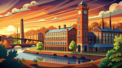 Fototapeta premium Very beautiful historic cotton mill with a classic clock tower in an old industrial park along the Nashua River, warmly illuminated by golden May sunset light in a wide panoramic composition.