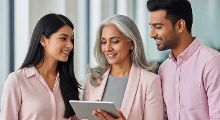 Diverse Business Team Collaborating with Tablet in Modern Office