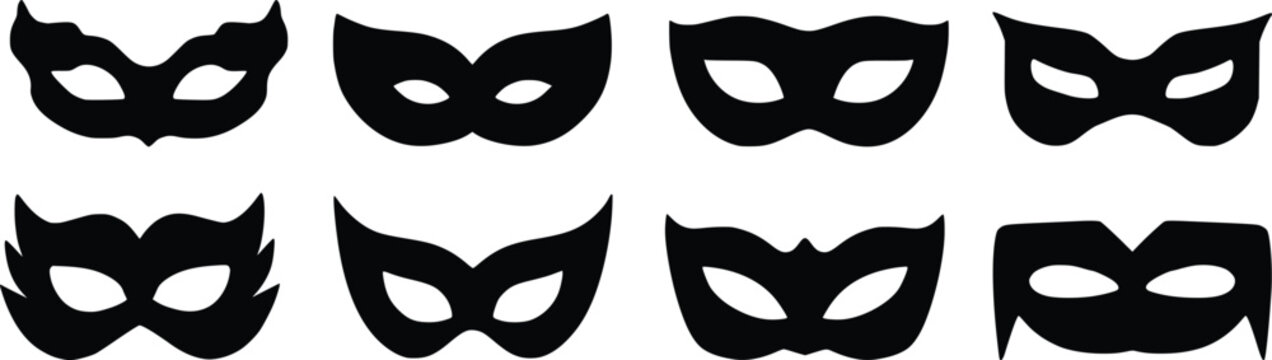 Black mask vector icon collection. Different masks silhouette isolated on white background. Set Superman, Superhero themes, cosplay graphics, comic illustrations, logo, and creative designs. powerful.