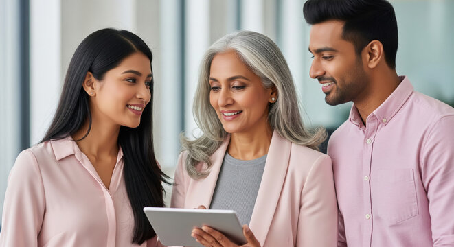 Diverse Business Team Collaborating with Tablet in Modern Office