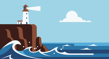 Stylized lighthouse illustration on a cliff overlooking the sea with a cloud