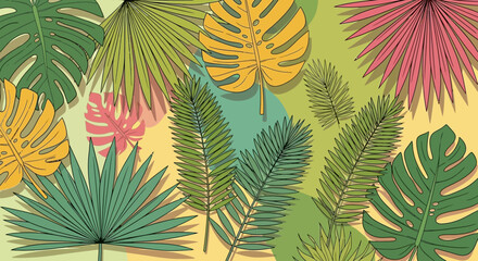 Tropical Leaves Illustration with Artistic Style, Featuring Palms and Monstera for Design