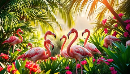 Pink flamingos in vibrant summer landscape, tropical foliage, sunlit scene, water, exotic