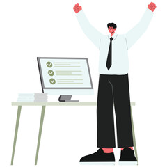 Employee Illustration. Vector illustration of Happy employee celebrating completed tasks with checklist on computer screen. Isolated on background
