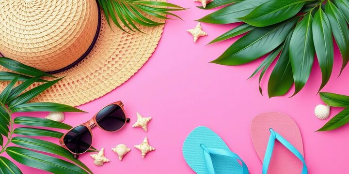 Pink background with sunglasses, straw hat, seashells, flip-flops, and tropical leaves,   holiday essentials,   chill