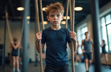 Obraz premium Young boy holds thick rope in modern gym. Other children train in background. He looks at camera with determined expression. Fitness for kids concept.