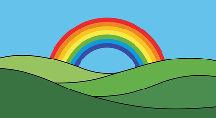 Illustration of a vibrant rainbow over rolling green hills against a clear blue sky