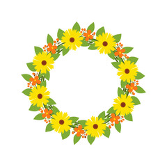 A beautiful floral wreath composed of bright yellow sunflowers and small orange flowers with green leaves.
