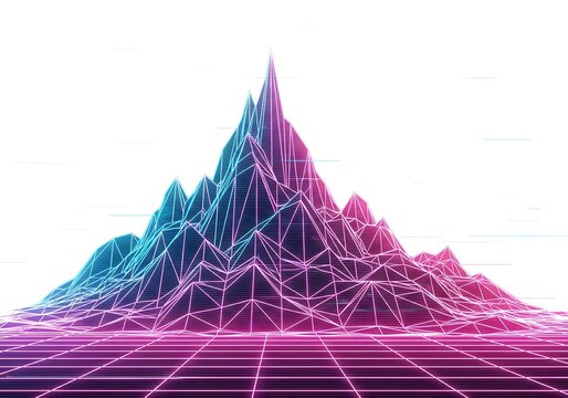 Retro-futuristic wireframe mountain landscape on a glowing digital grid. - Powered by Adobe