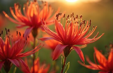 Red spider lilies bloom at sunset. Lycoris radiata flowers glow in warm sunlight. Floral landscape features autumn bloom season. Nature photography captures vivid colours of garden with sunlight. Red
