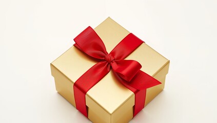 Obraz premium Golden Box, Ribbons and Light. A Square Package of Metallic Hue and Woven Texture.