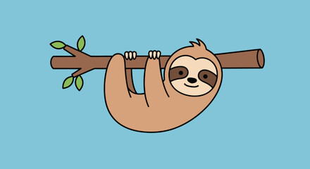 Charming cartoon sloth hanging on a tree branch illustration against light blue background