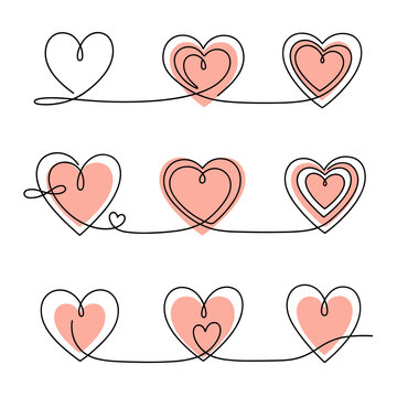 A continuous line drawing of nine hearts in different styles.