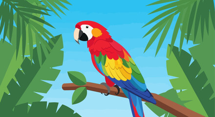 Colorful Cartoon Macaw Parrot Perched on Branch in Tropical Setting Illustration