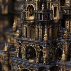 Intricate, ornate dark gold steampunk skyscraper facade with gothic architectural details and intricate metalwork, conveying luxury and power